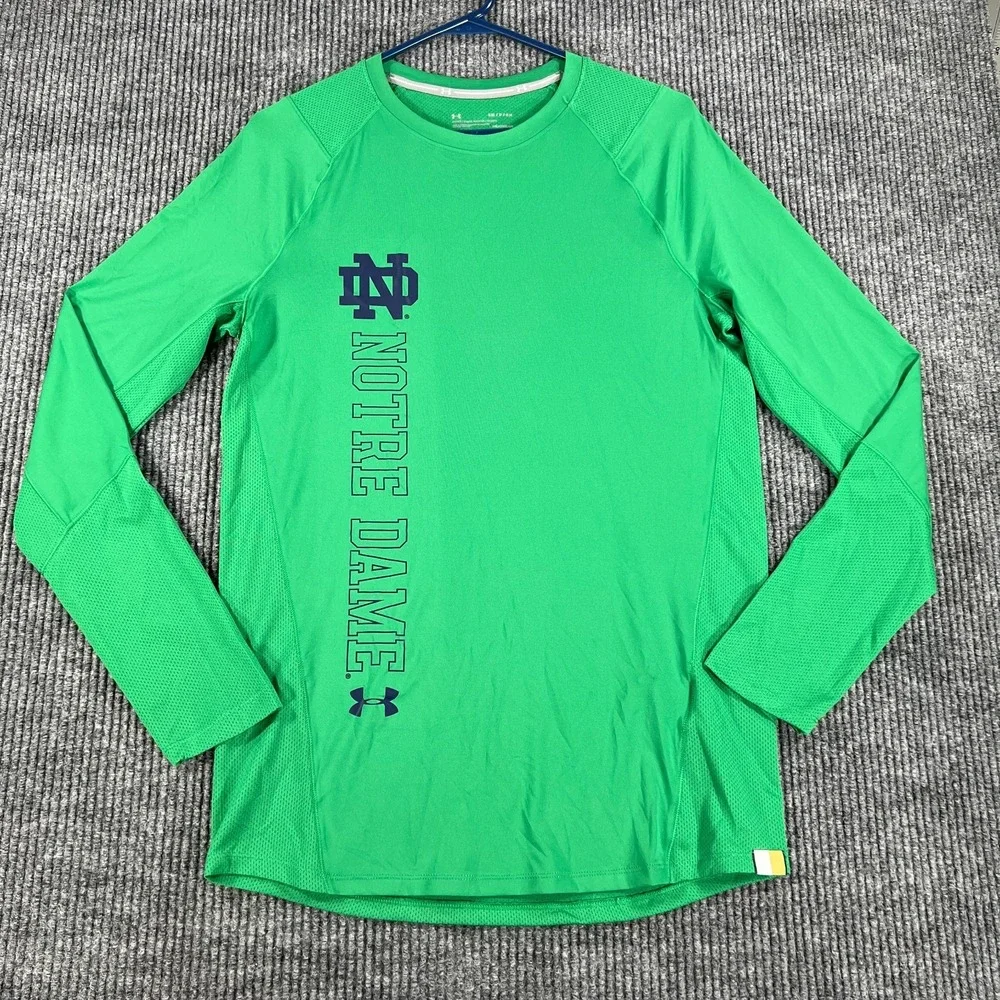 Notre Dame Fighting Irish Shirt Mens Small Green Long Sleeve Fitted Heat Gear